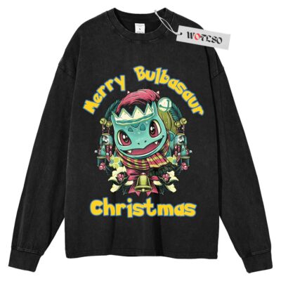 Pokemon Long Sleeve Tee, Merry Bulbasaur Christmas Christmas Long Sleeve Tee, Long Sleeve Tee