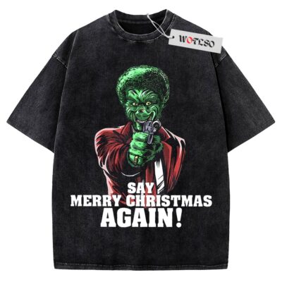 Pulp Fiction, Grinch Shirt, Say Merry Christmas Again Christmas Shirt, Vintage Tee