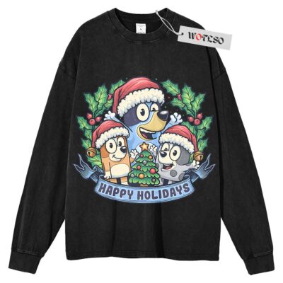 Bluey Long Sleeve Tee, Happy Holiday Christmas Long Sleeve Tee, Long Sleeve Tee