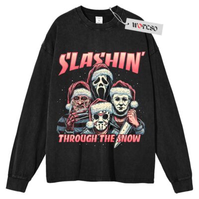 Slashing Through the Snow Sweater, Holiday Sweater, Christmas Movie Sweater, Adult Sweater, Long Sleeve Sweater