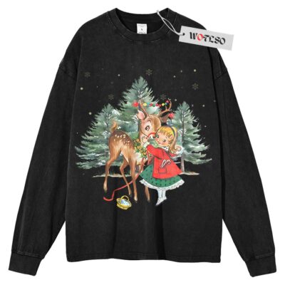 Vintage Christmas Girl and Reindeer Shirt Sweater, Retro Christmas Sweater, Retro 1950's Christmas Sweater, Christmas Party Sweater, Long Sleeve Sweater