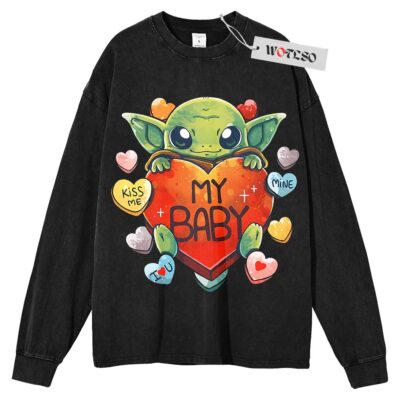 Baby Yoda Valentine Sweater, Star War Valentine Sweater, Gift for him Sweater, Gift for her Sweater, Long Sleeve Sweater